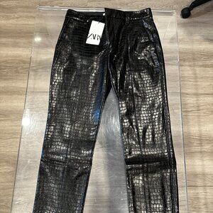 NEW Zara Croc Embossed Faux Leather Front Split Hem Pant Size Small